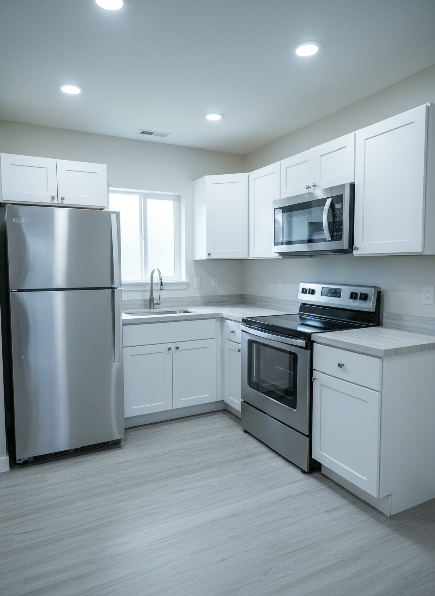 A spotless rental unit kitchen in a Tomah-area apartment, ready for new tenants after a turnover service. The scene shows a compact but modern kitchen with gleaming stainless steel appliances, streak-free white cabinet doors, a perfectly clean laminate countertop, and a spotless sink with no dishes. The vinyl flooring has a gentle shine, free of scuffs or debris. Bright, cool-toned ceiling lights mix with faint natural light from a small window, producing an evenly lit, neutral atmosphere. The camera is positioned at a slightly elevated corner angle, capturing the entire kitchen in sharp focus to emphasize readiness and professionalism in rental turnover cleaning.