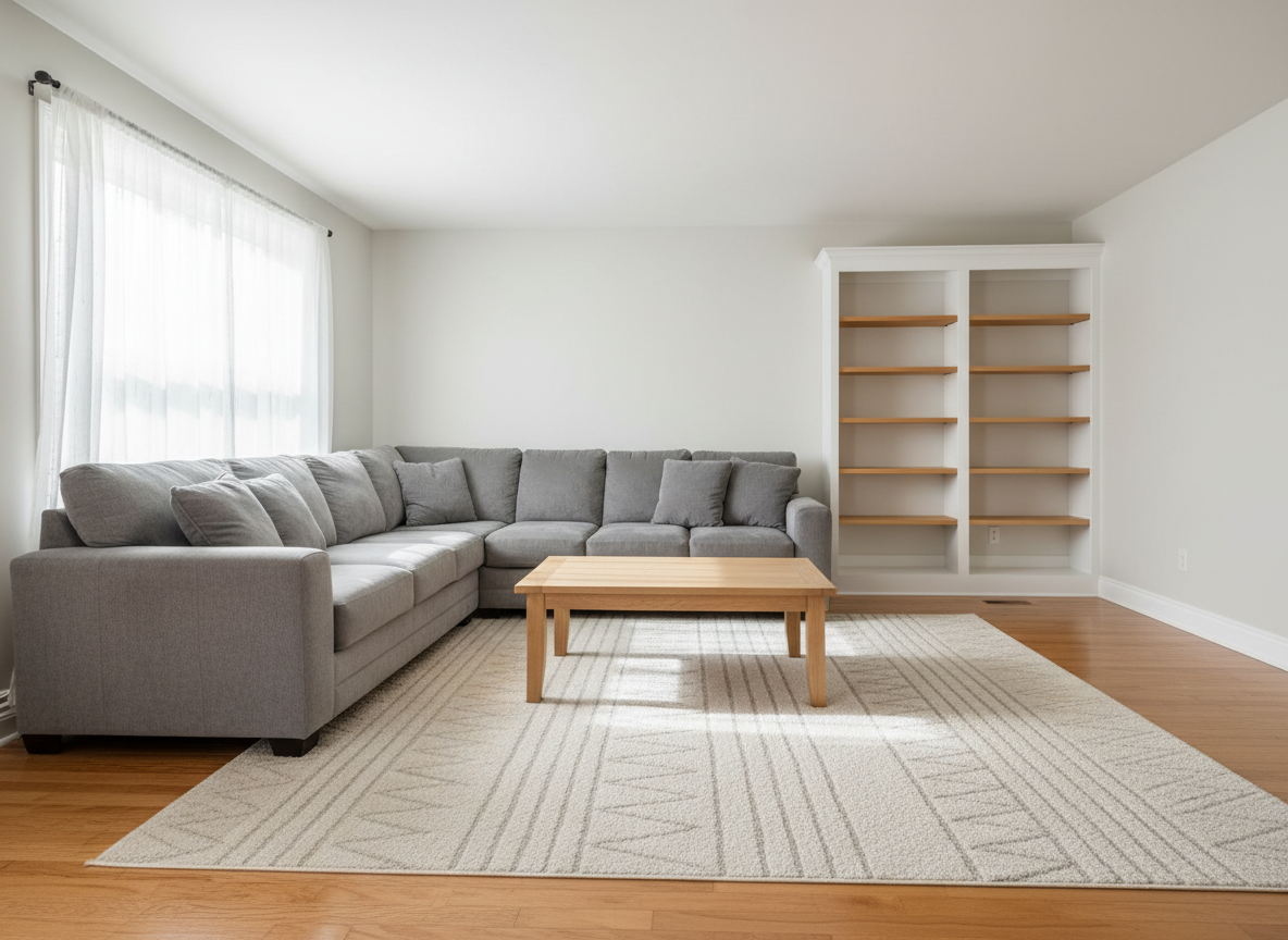 A freshly cleaned living room in a Tomah, Wisconsin home, with a soft gray sectional sofa, spotless hardwood floors, and gleaming white baseboards. A low, light oak coffee table sits centered on a neatly vacuumed textured rug, with no clutter in sight and empty, organized shelving along the wall. Natural afternoon light pours through a large window, casting gentle, even illumination and soft shadows that emphasize the cleanliness. Photographic realism at eye level, with a wide-angle composition that captures the entire room in sharp focus, conveying a calm, orderly, and professional atmosphere suitable for a residential cleaning service homepage hero image.