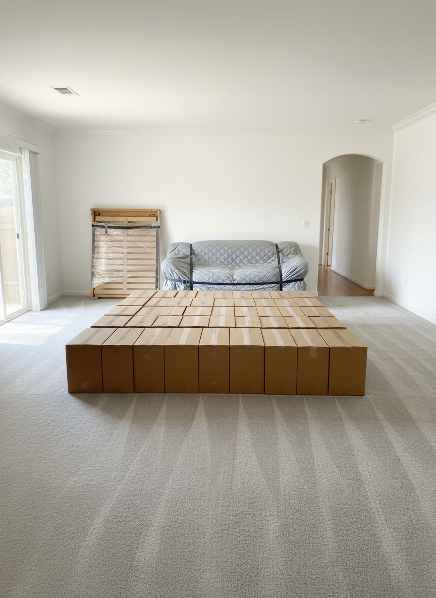 A moving assistance scenario in a clean, empty living room, showing a collection of uniformly sized, neatly taped cardboard boxes, a disassembled bedframe stacked against the wall, and a wrapped sofa on a spotless carpet. The walls are freshly wiped and bare, and the doorway leads to a hallway completely free of clutter, indicating a thorough property reset. Soft midday light filters in from a sliding glass door, giving a bright yet gentle feel. The camera is set at a slightly low angle to make the boxes and furniture protection materials feel solid and secure, with photographic realism and a calm, organized mood.