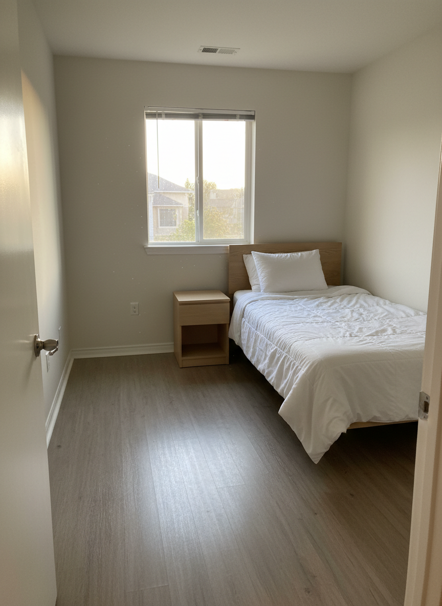 A dramatic hoarding cleanup transformation illustrated by a single, wide-angle photographic image of a small bedroom after the cleanup is complete. The room is now open and breathable, with bare, freshly mopped vinyl flooring, a simple twin bed made with crisp white linens, an empty nightstand, and a clear path to the doorway. A large window allows gentle morning light to pour in, creating soft, hopeful illumination and subtle reflections on the clean surfaces. The composition uses the rule of thirds, drawing the eye from the doorway toward the neatly made bed, with a serene, restorative atmosphere that implies the heavy cleanup work is finished.