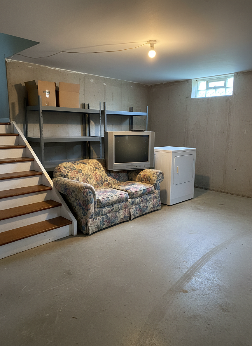 A furniture and appliance removal scene inside a modest Wisconsin basement, with an old floral-patterned sofa, a bulky CRT television, and a white top-load washing machine neatly arranged near the bottom of a staircase, clearly staged for removal. The surrounding concrete floor is swept clean, and storage shelves along the wall are tidy and mostly empty. A single exposed bulb overhead and a small basement window provide mixed warm and cool light, casting defined but soft-edged shadows. Photographic realism at eye level with a balanced composition that highlights the large items and the clear floor space they will leave behind after haul-away service.