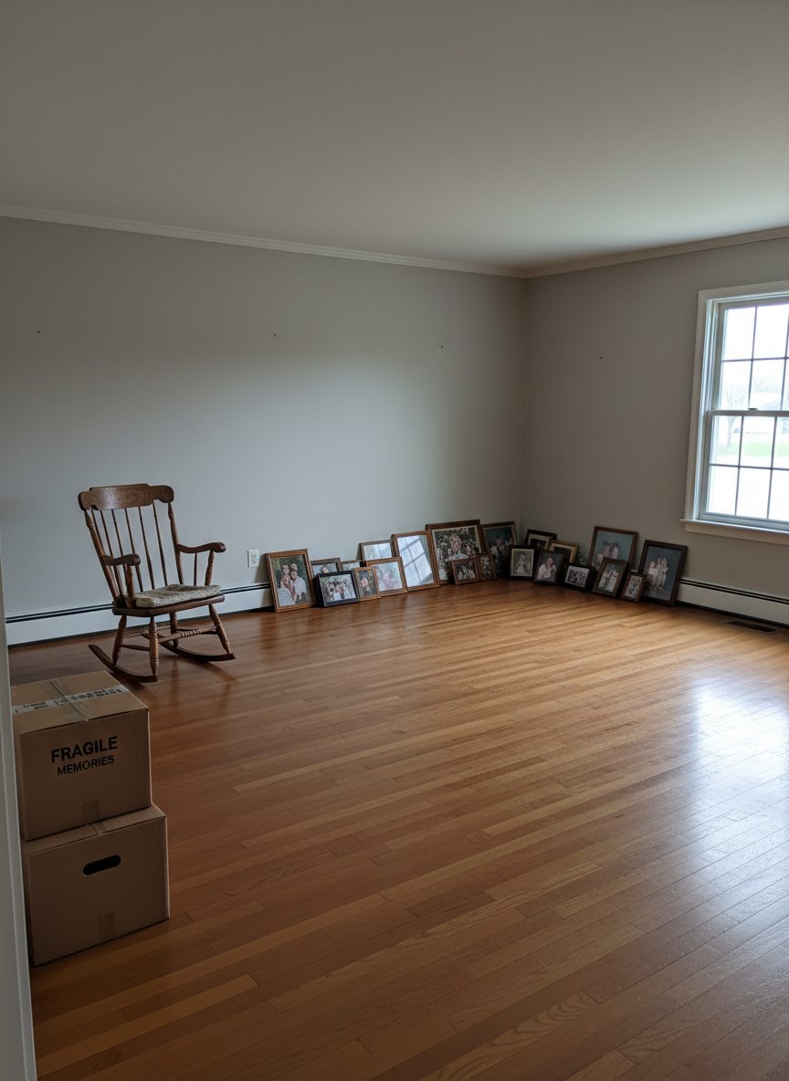 An estate cleanout in progress inside a mid-century rural Wisconsin home, focusing on a nearly empty room with only a few remaining cardboard boxes, an old wooden rocking chair, and neatly stacked framed pictures along one wall. The hardwood floor is swept clean, and baseboards are dust-free, suggesting thorough work. Soft overcast daylight filters through a single window, providing diffused, even lighting that reduces harsh contrast. The image is captured at eye level with a wide composition to show the spaciousness of the nearly cleared room. The mood is respectful, calm, and professional, highlighting sensitive, complete property reset services without any people present.