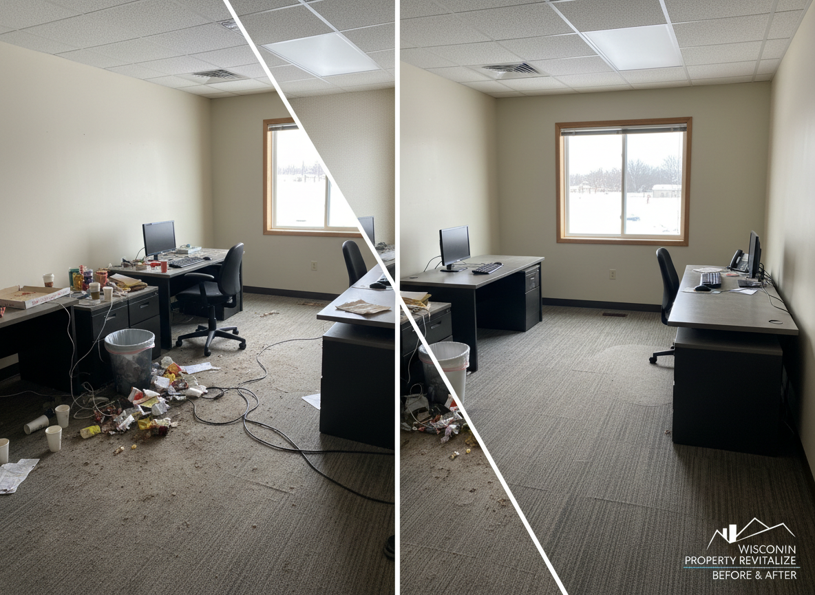 The before-and-after of a small commercial office space in central Wisconsin, split diagonally in one photographic frame. On one side, desks are covered in papers, trash overflowing, and floors visibly dusty. On the other side, the same space is meticulously organized, trash bins empty, carpets freshly vacuumed with visible lines, and surfaces shining. Overhead fluorescent lighting provides consistent illumination, while the cleaned side feels brighter and more open. Shot from a slightly elevated corner angle to show the entire room, with clear contrast that visually communicates professional office cleaning and property reset services.