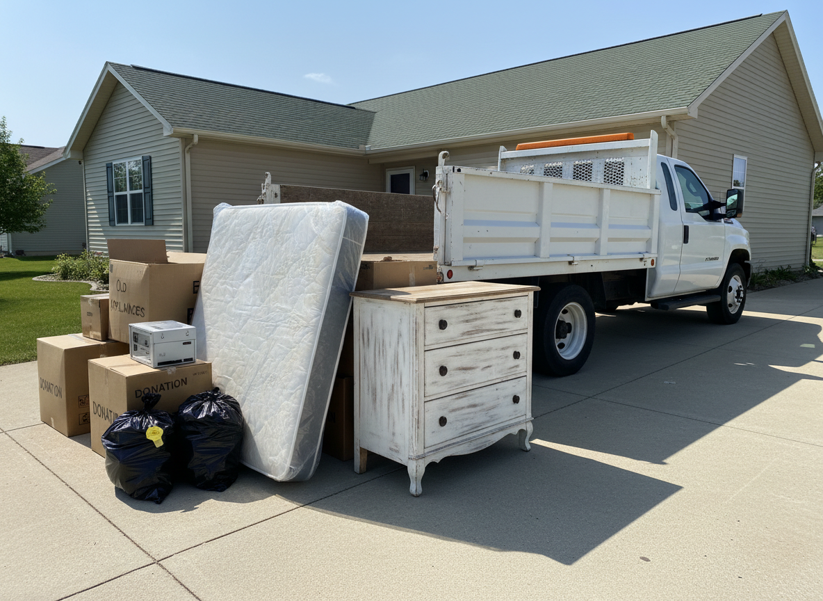 A neatly organized junk removal scene behind a Tomah, WI style single-family house, showing a clean concrete driveway and a carefully staged assortment of bulky items ready for hauling: old wooden dresser, worn-out mattress wrapped in plastic, boxed appliances, and labeled bags. A large, unbranded white utility truck with open cargo bed is backed up to the pile, clearly suggesting haul-away service without any visible text. Bright midday sunlight creates crisp shadows and highlights textures of wood, metal, and plastic. Photographic realism with a three-quarter angle, moderate depth of field, and a practical, efficient mood that emphasizes responsible junk removal and hauling.