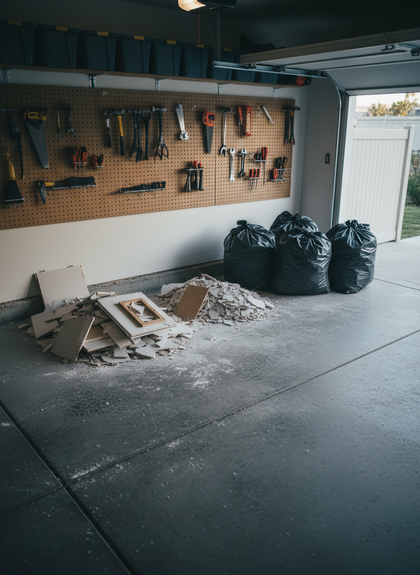 A light demolition cleanup scene in a residential garage, where broken drywall pieces, old cabinet fragments, and small debris have been swept into organized piles on a concrete floor. Nearby, heavy-duty contractor bags are lined up, some partially filled with debris. The rest of the garage appears cleared and neatly swept, with tools hung in orderly fashion along the wall. Cool, diffused daylight enters through the open garage door, illuminating floating dust particles and subtle textures on the floor. Shot from an elevated corner perspective with moderate depth of field, the image communicates thorough post-demo cleanup and readiness for the next stage of property work.